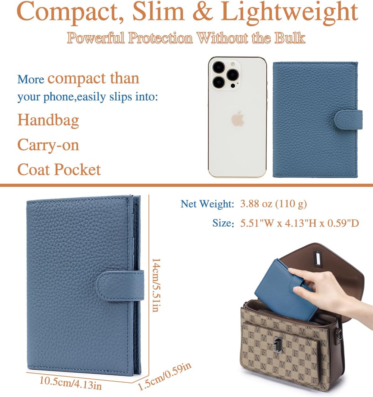 Slim RFID Leather Passport Holder for Travel Women & Men – Compact Travel Passport Wallet with Passport Slot & Card Slots, Zippered Coin Pocket & Travel Passport Cover Case – Denim Blue