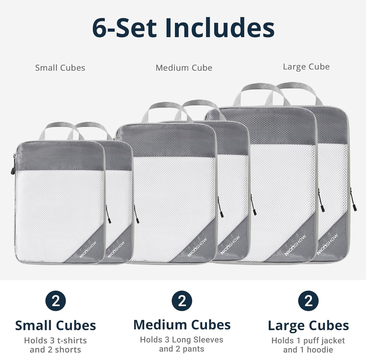 6 Set Compression Packing Cubes for Travel - Compressible, Lightweight, and Space-Saving Packing Cubes, Travel Essentials for Women, Grey