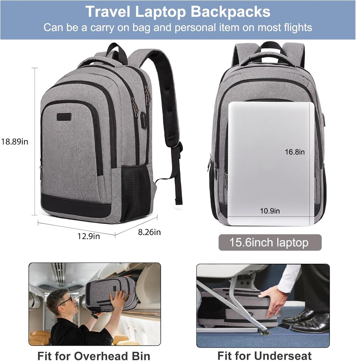 CLUCI Laptop Backpack for Men Women School Backpack College Bookbag for Men Water Resistant Travel Work Backpacks Fits 15.6" Laptop Business Computer Bag with USB Charging Port Grey