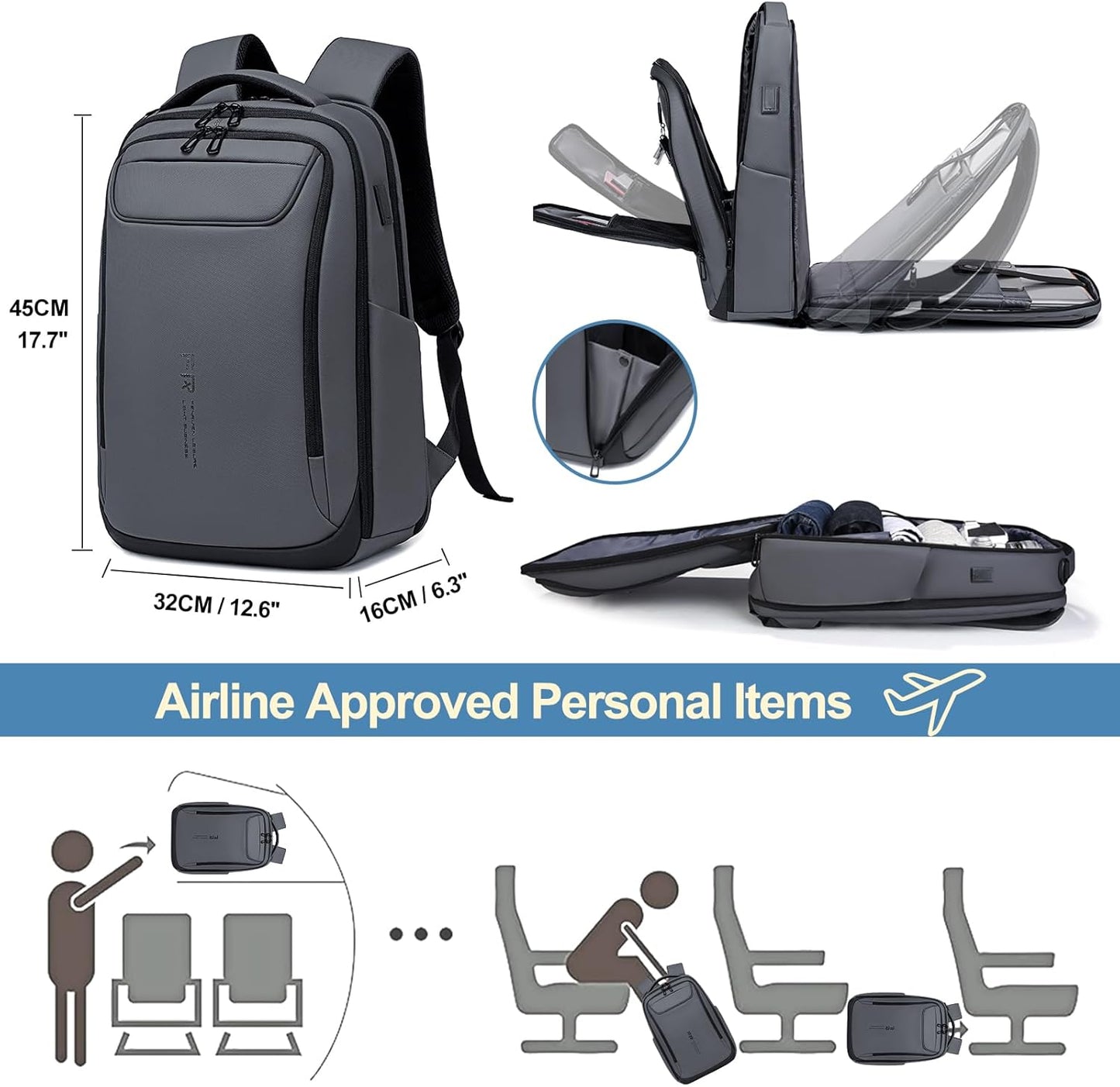 FENRUIEN Work Backpack for Men,Water Resistant Smart Backpack with USB Charging Port,Grey Laptop Bag 15.6 Inch