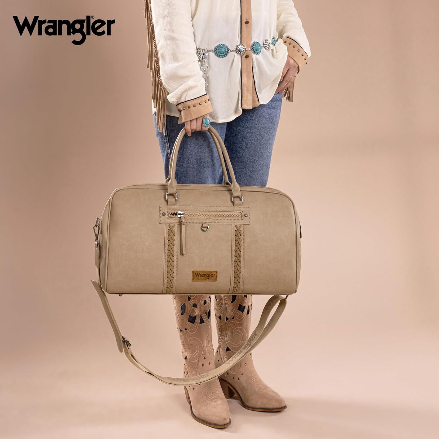 Wrangler Travel Duffel Bag Large Weekender Bag for Women Designer Carry on Overnight Bag for Trips Leather Luggage Bag Khaki