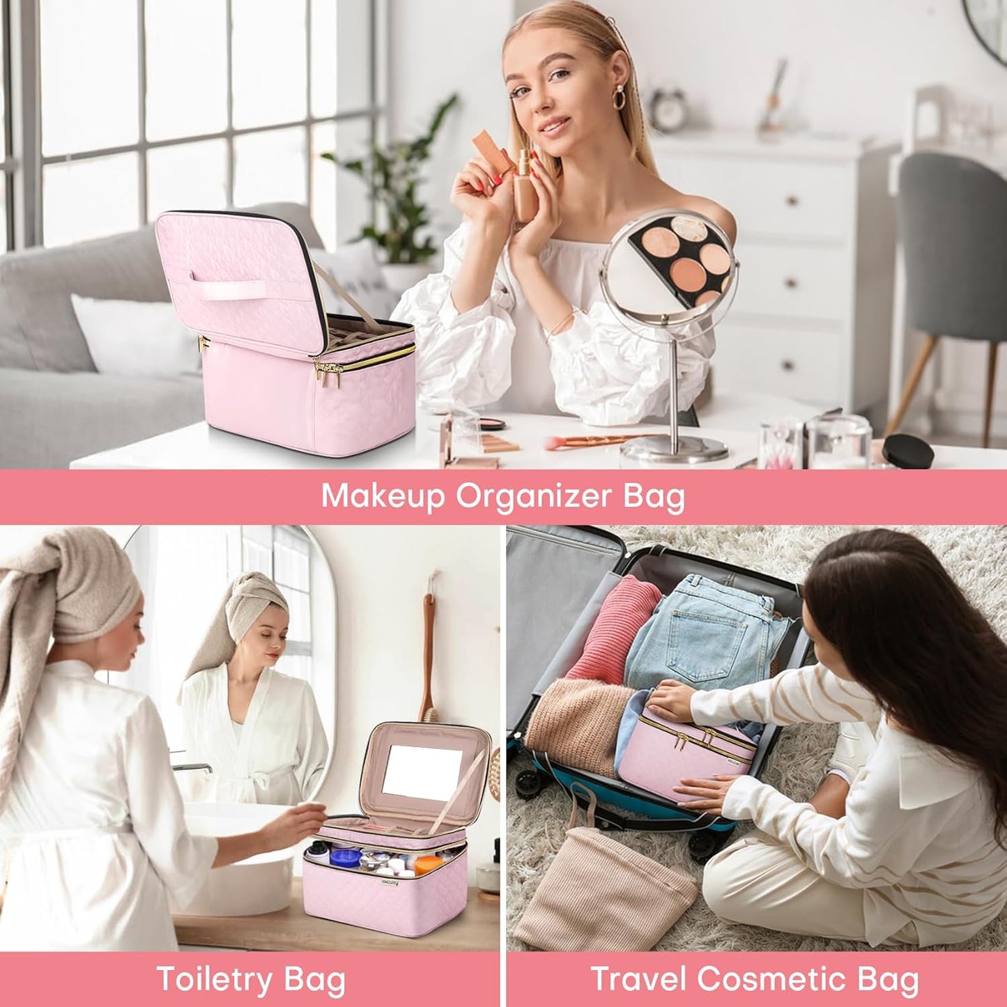 Large Makeup Bag with Mirror Double Layer Travel Make Up Organizer Case, Large Capacity Coemetic with Brush Slot Divider, Travel Toiletry Bag for Women (Pink)