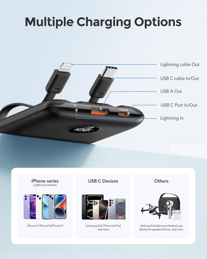 Mini Portable Charger with Built-in Cables 22.5W Fast Charging Power Bank USB-C Small Battery Pack 10000mAh Travel Essential Slim Battery for iPhone 16/15/14, Samsung 25/24, and More