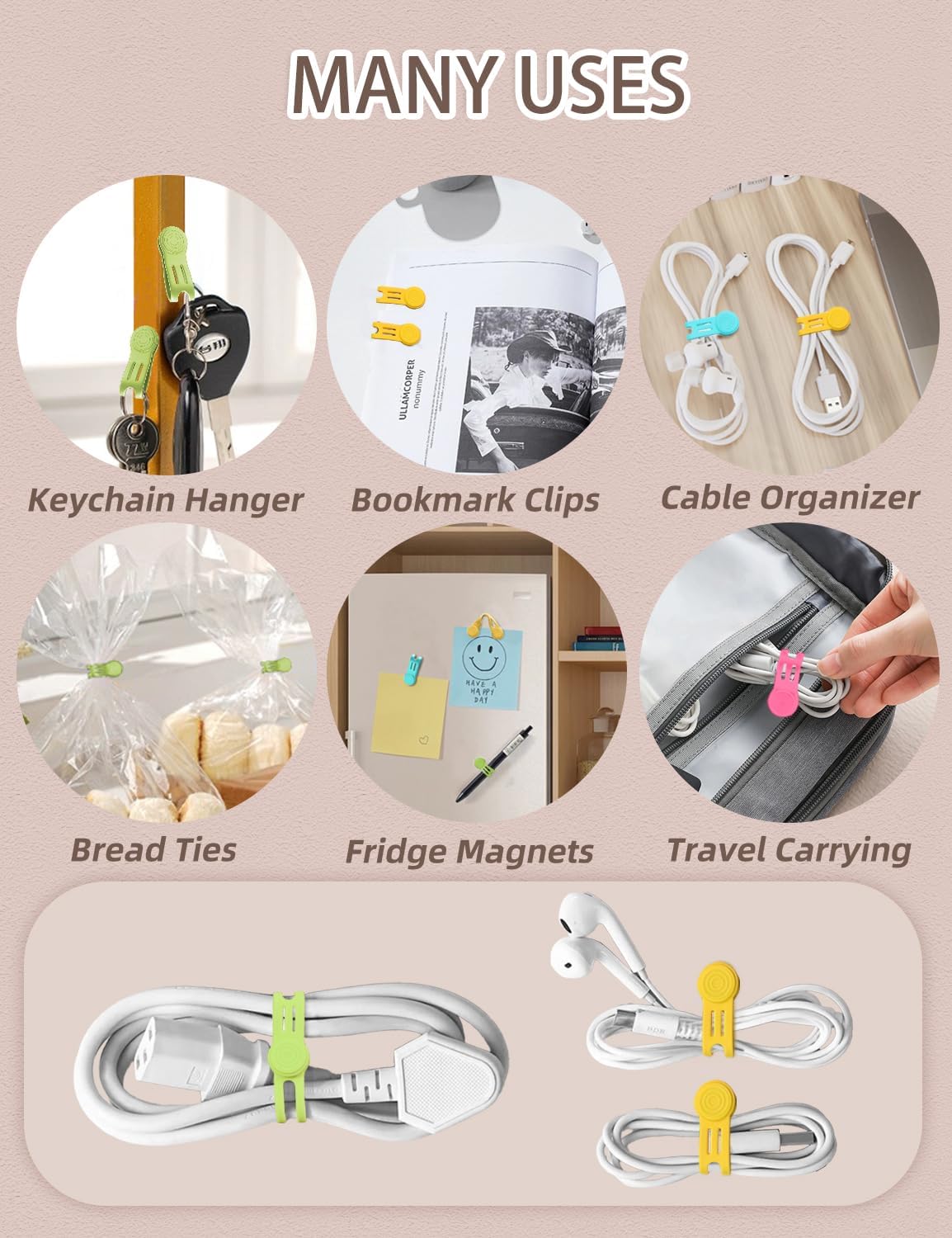 Kanemc Magnetic Cable Organizer For Cords, Cord Wrap Silicone Zip Ties Twist Ties Magnet Strap For Smartphone Charger Earphone Video Game USB C Cables (Macaron Color, S-size)