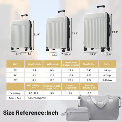 Merax Luggage Sets, Durable Hardshell 3 Piece Suitcase with Double Spinner Wheels and Handle Bags,Lightweight Carry on Luggage with TSA Lock,20+24+28 inches,White Grey