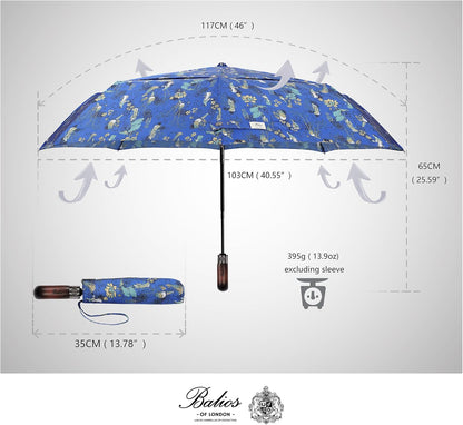 Balios Travel Folding Umbrella with Real Wood Handle Auto Open Close Vented Windproof Canopy - Designed in UK
