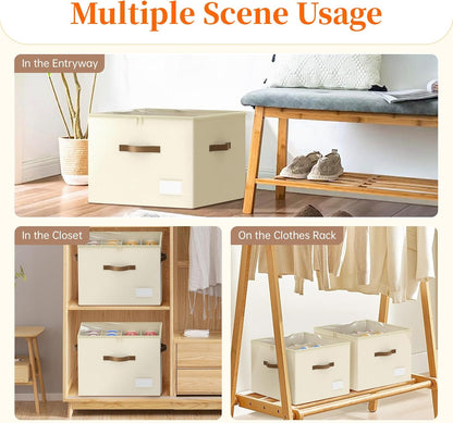 3 Pack Shoe Organizer for Closet, Foldable Shoe Storage Containers, Fits 24-48 Pairs, Shoe Storage Organizer Box Cubby Baskets Bins with Clear Cover and Reinforced Handles, Beige