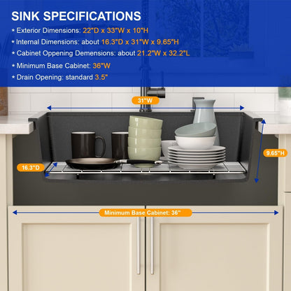Dcolora 33x22 Drop In Kitchen Sink Black, Granite Composite Black Kitchen Sink Multifunctional Topmount Large Single Bowl Workstation Sinks #DC-0001GBT, 33" x 22" x 10"