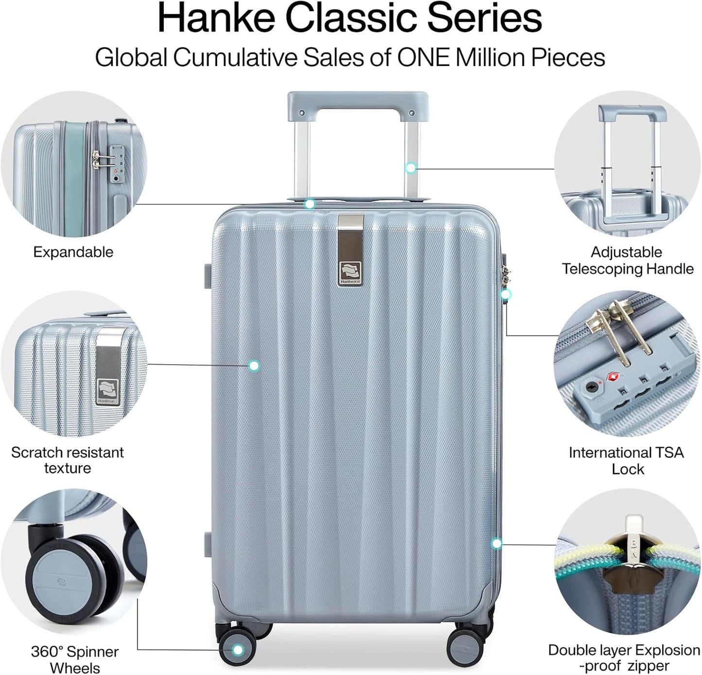 Hanke Expandable Hardshell Luggage Sets 3 piece Carry on Luggage with Wheels Suitcases Lightweight Checked Travel Luggage Rolling Large Suitcase Travel Luggage Bag Woman Men 20/24/29 Inch(Gray)