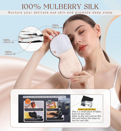HiRui Silk Sleep Mask, 100% Natural Mulberry Silk of Double-Sided & Inner-Filling, Ultra-Smooth Soft, Adjustable Strap, Blocks Light for Night Sleeping, Travel, Office Naps (Pink)