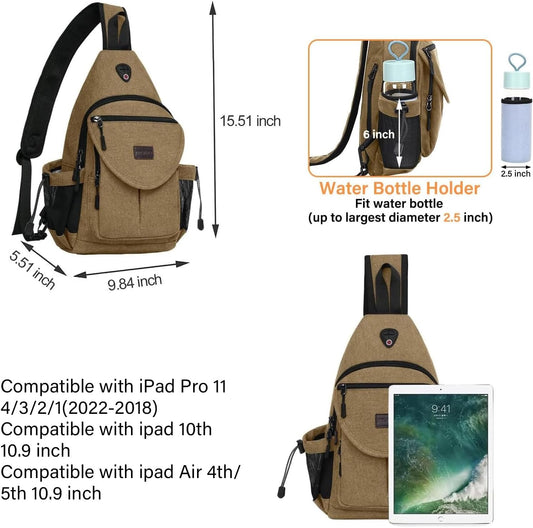 MOSISO Sling Backpack,Canvas Crossbody Hiking Daypack Bag with Anti-theft Pocket, Brown