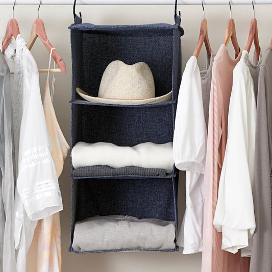 Household Essentials Hanging Cotton Blend Closet Organizer with 3 Storage Shelves, Denim