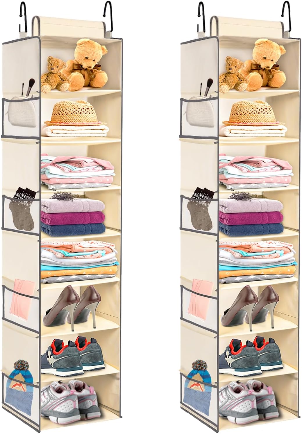 2 Pack Large-Sized Hanging Shoe Organizer 8-Shelf, Hanging Closet Organizer with 8 Side Pockets, Wider Hanging Shelves for Storage Shoes Clothes 9" W × 11.8" D× 48" H, Beige.