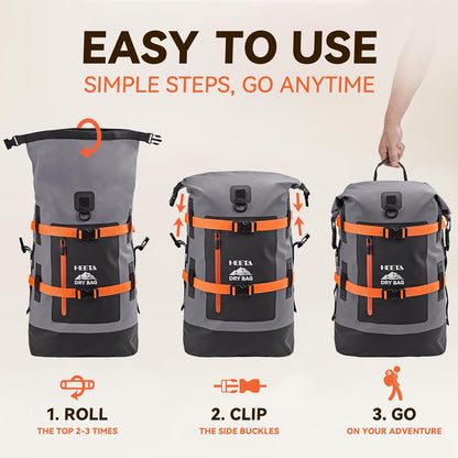 HEETA Dry Bags Waterproof Backpack 40L for Men & Women, Roll Top Heavy Duty Cushioned Hiking Backpack for Kayaking Boating Paddle Boarding Fishing Travel Camping Beach Vacation Cruise Ship Essentials