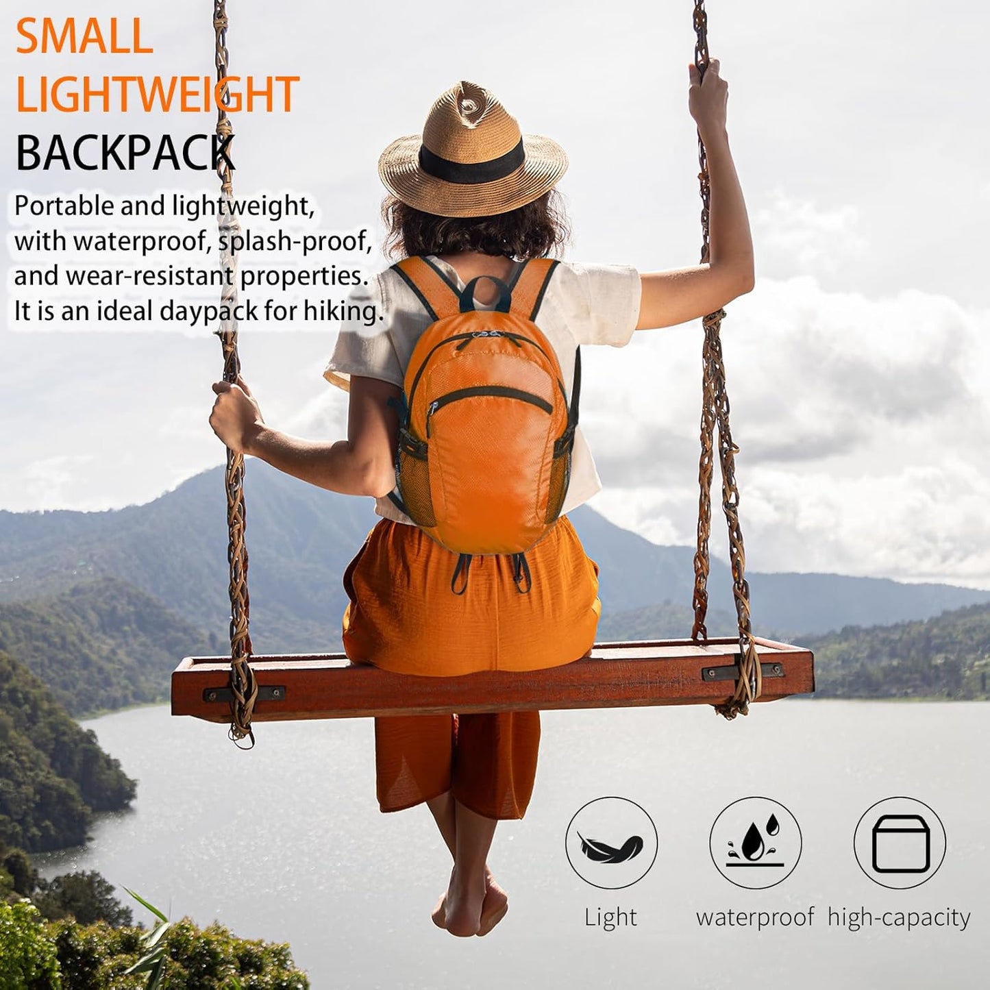 Small Hiking Daypack,15L Water-Resistant Hiking Backpack Packable Lightweight Travel Day Pack for Women Men (Orange, Small)