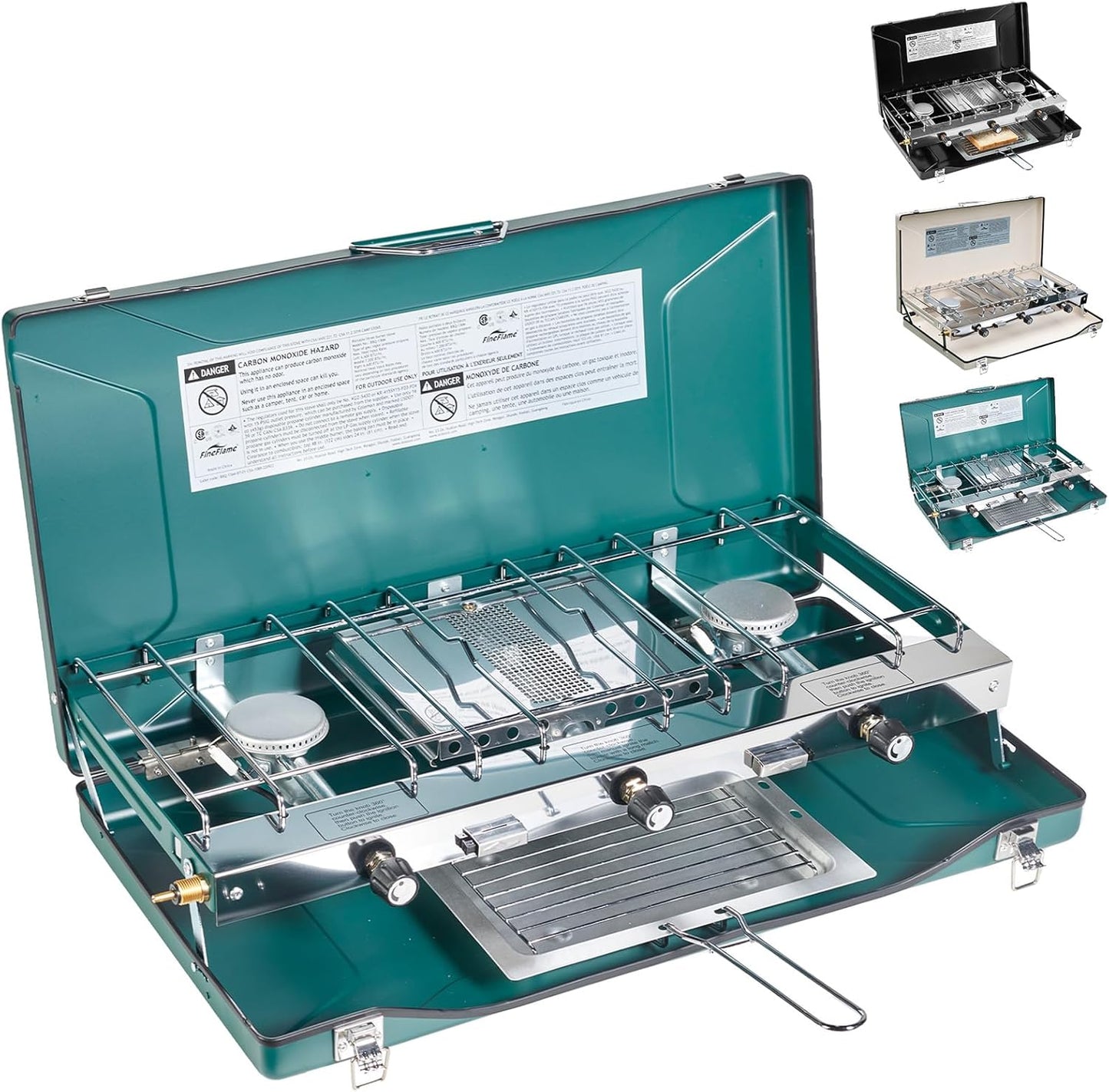 Camping Stove, 3 Burners Propane Portable Camp Stove with Regulator, Push-Button Instant Ignition, Adjustable Burners & Wind Guards for Car BBQ Picnics Outdoor Cooking (GREEN-20400 BTUs)