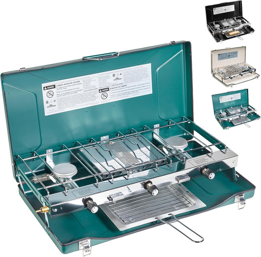 Camping Stove, 3 Burners Propane Portable Camp Stove with Regulator, Push-Button Instant Ignition, Adjustable Burners & Wind Guards for Car BBQ Picnics Outdoor Cooking (GREEN-20400 BTUs)