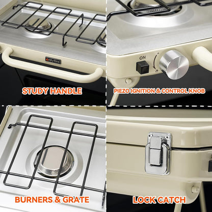ONLYFIRE OUTDOOR LIVING Portable Camping stove 2-Burner, Propane Gas Stove with Foldable Legs, Camp Stove for Camping, Patio, Backyard, Picnic, Tailgating, RV, BBQ, GS331 Off-white