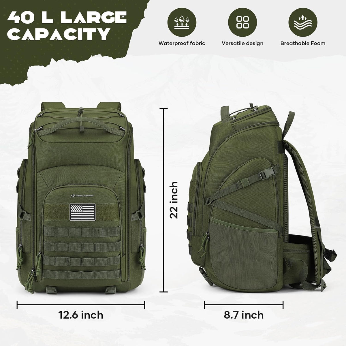 Maelstrom Tactical Backpack for Men, 40L Military Backpack,Water Resistant Assault Pack for Women, 3-Day Bug Out Bag for Hiking, Camping, Gym with Molle System-Army Green