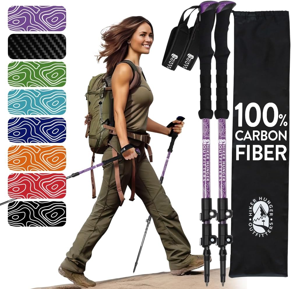 100% Carbon Fiber Trekking Poles by USA Brand - Ultra Strong Lightweight Collapsible Hiking Poles with Cork and EVA Foam Grips & Quick Adjustable Flip Locks