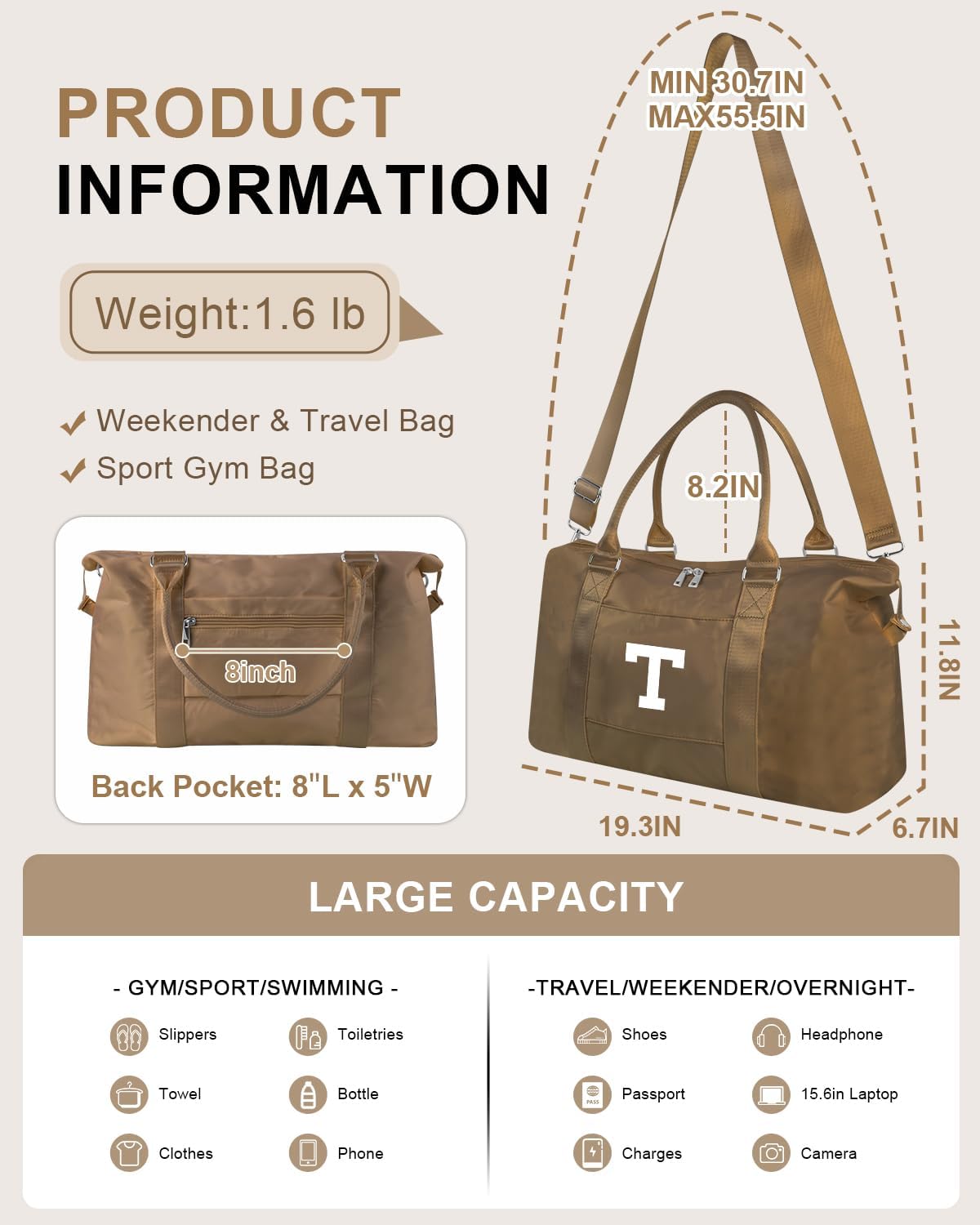 Birthday Graduation Gifts for Daughter,Initial Travel Duffel Bag Sports Gym Bag for Girls Teen Kids Birthday Gifts,Personalized Weekender Bag Carry On Tote Bags Cute Overnight Bag for Women(Brown, T)