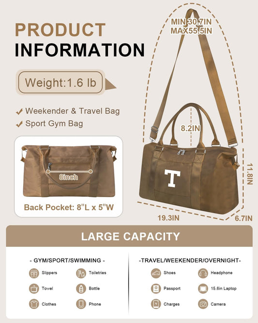 Birthday Graduation Gifts for Daughter,Initial Travel Duffel Bag Sports Gym Bag for Girls Teen Kids Birthday Gifts,Personalized Weekender Bag Carry On Tote Bags Cute Overnight Bag for Women(Brown, T)