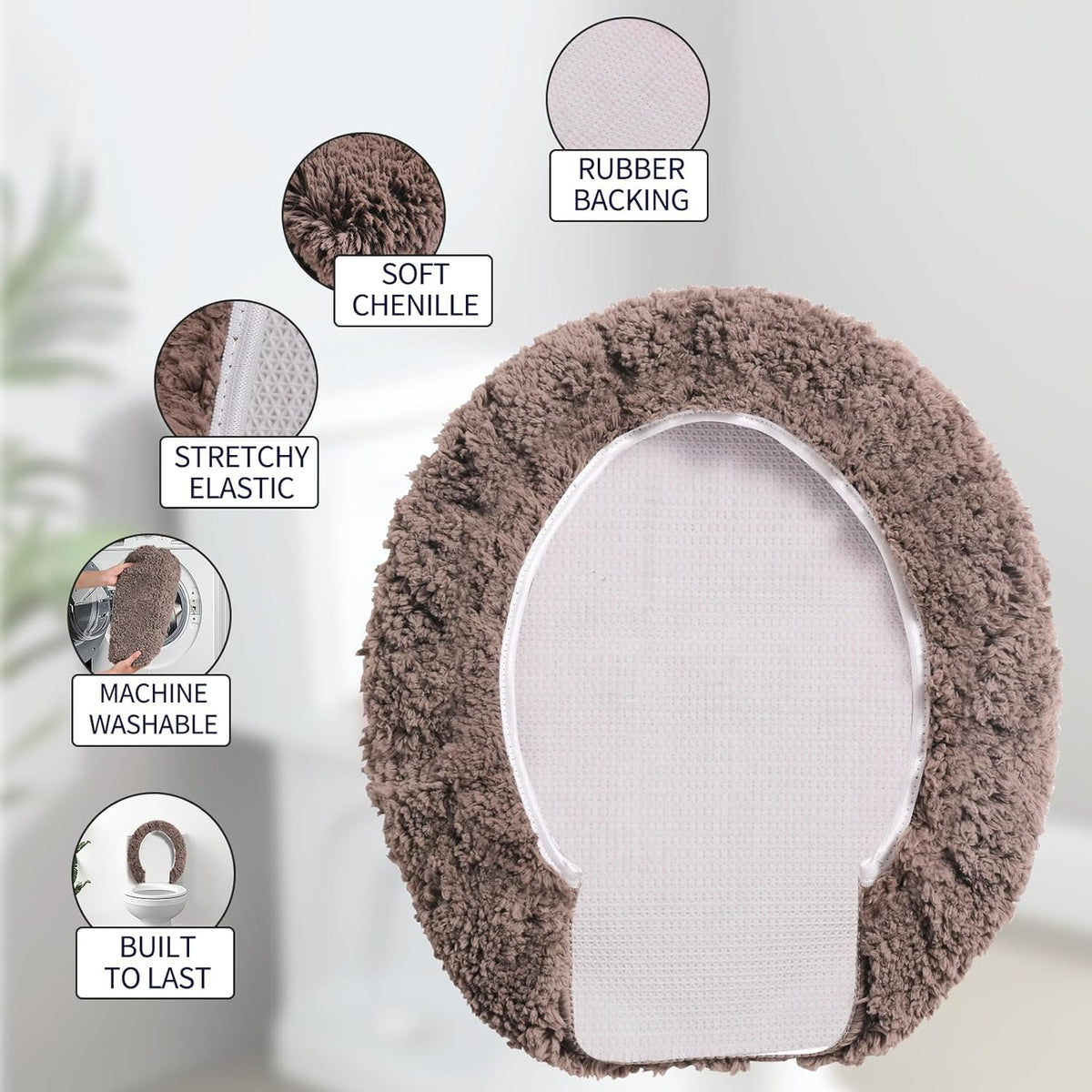 Microfiber Elongated Toilet Seat Cover 19.5"x 15" Machine Washable Solid Toilet Lid Cover Adjustable Rubber Backing Fits Most 18-19.5" L x 14-16" W Elongated Toilet Seat