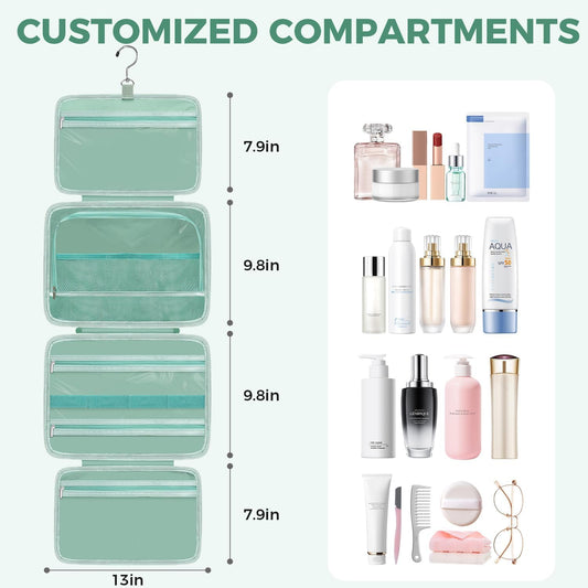 Toiletry Bag For women,Portable Hanging Organizer,4 Leakproof Compartment for full-sized Conditioner, Brushes Set, Makeup Accessories,Visible and easy to access.L-mint