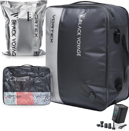 Black Voyage Reusable Vacuum Compression Travel Bag for Carry-On Suitcase and Backpack, Recycled IP67 Waterproof Space Saver Vacpack (2-Pack, 18L - Pump Included)