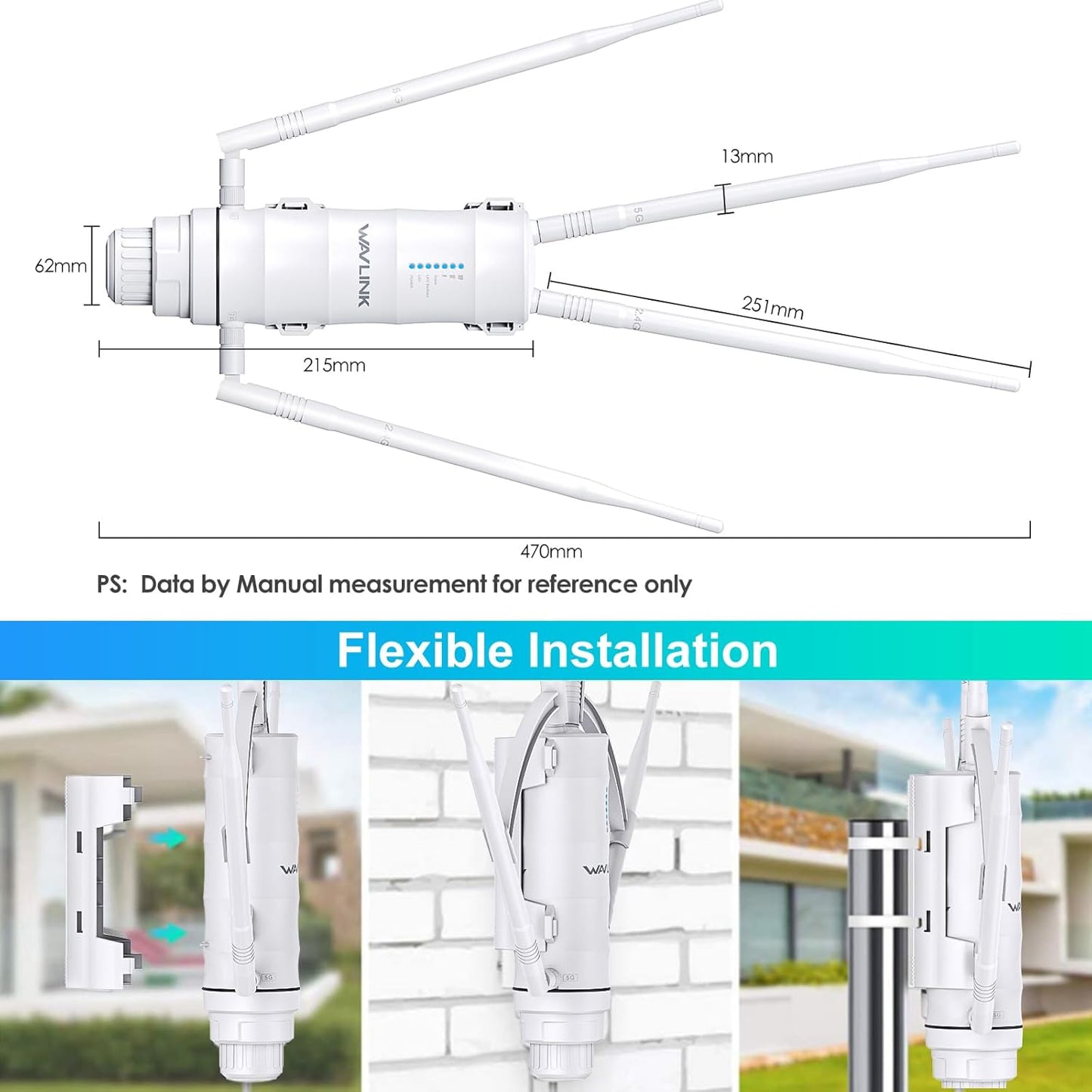 WAVLINK AC1200 Outdoor Long Range Weatherproof WiFi Extender/Wireless Access Point with Passive POE, Dual Band 5G+2.4G, 4x7dBi Omni Directional Antennas,Supports Router/AP/Repeater/Mesh Modes
