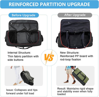 Vomgomfom Wheeled Collapsible Duffel Bag,110L-140L Expandable Checked Luggage, No-Telescopic-Handle with Anti-Burst Zipper & Reinforced Frame,Black-red