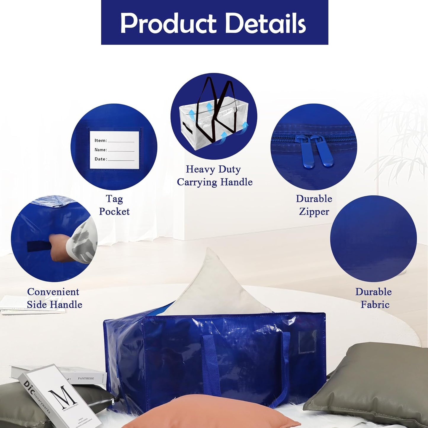 8 Pack Heavy Duty Extra Large Moving Bags with Handles,Waterproof Foldable Storage Totes,Clothing Storage Bags,Packing Moving Boxes for College Supplies & Seasonal Storage, Blue