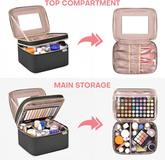 Large Makeup Bag with Mirror Double Layer Travel Make Up Organizer Case, Large Capacity Coemetic Bag with Brush Slot Divider