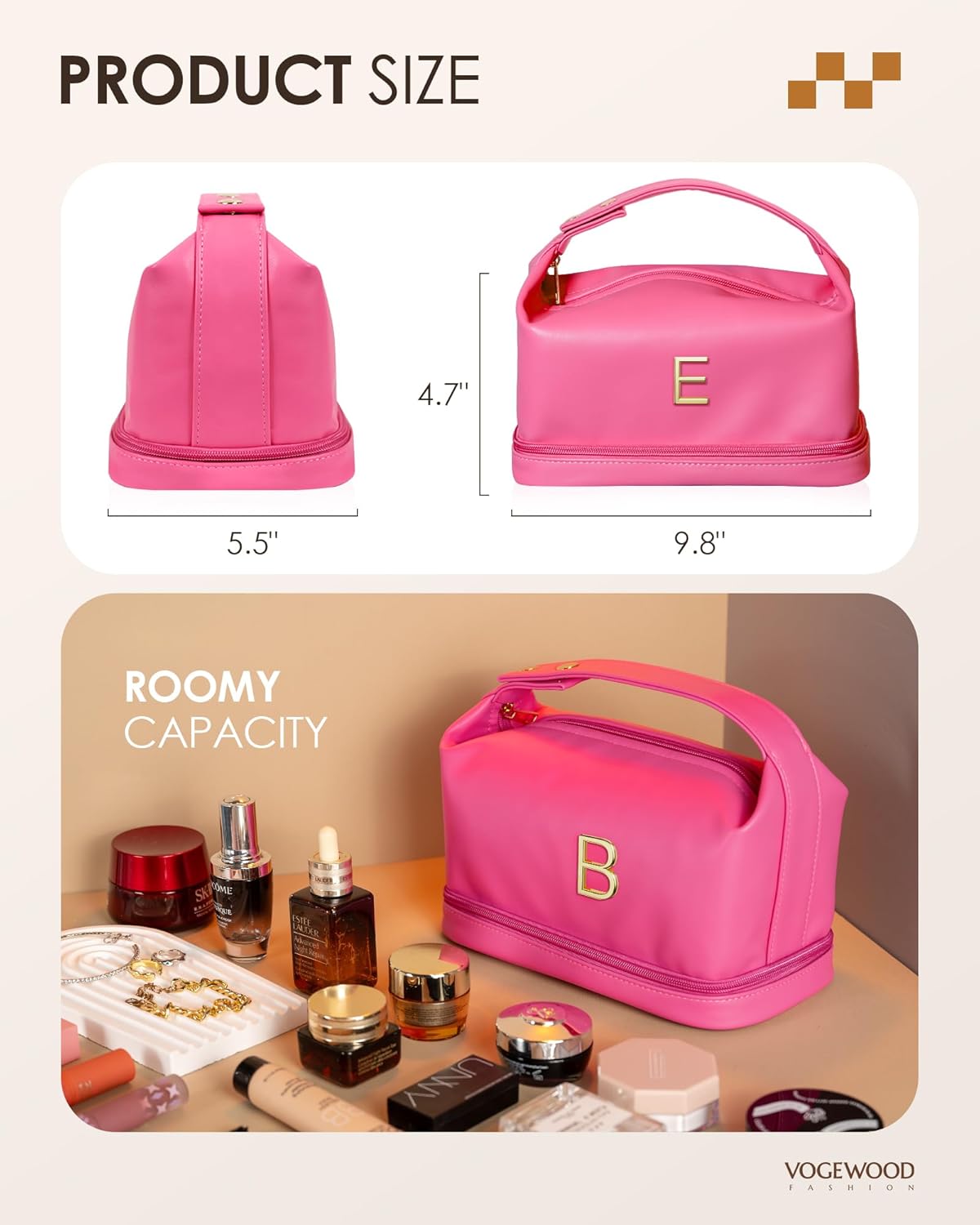 Teen Girl Gifts Trendy Stuff, Personalized Makeup Bag with Handle, Initial Double Layer Cosmetic Bag with Makeup Brush Organizer, Cute Cosmetic Pouch for Women, Gift Ideas for Co Workers