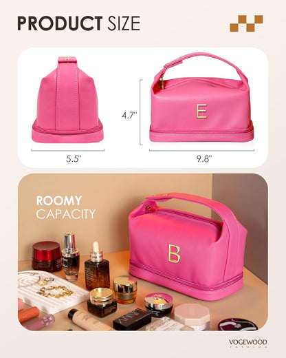 Tween Girls Birthday Women Gift, Personalized Makeup Bag with Handle, Initial Double Layer Cosmetic Bag with Makeup Brush Organizer, Cute Cosmetic Pouch for Women, Gifts for Friends Female