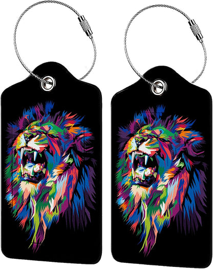 Colorful Lion's Roar Luggage Tags for Suitcases,2 Pack Luggage Tag, Leather Stainless Steel Loop Label Tag for Women Girl Travel Bag Suitcase