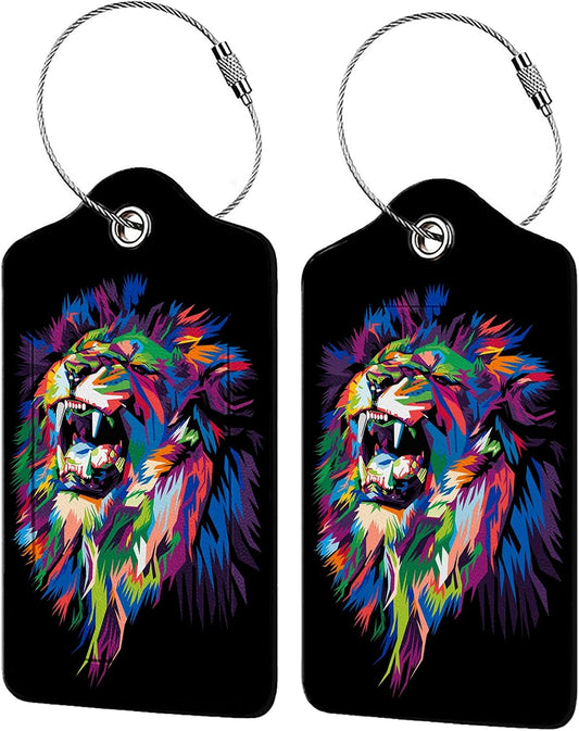 Colorful Lion's Roar Luggage Tags for Suitcases,2 Pack Luggage Tag, Leather Stainless Steel Loop Label Tag for Women Girl Travel Bag Suitcase