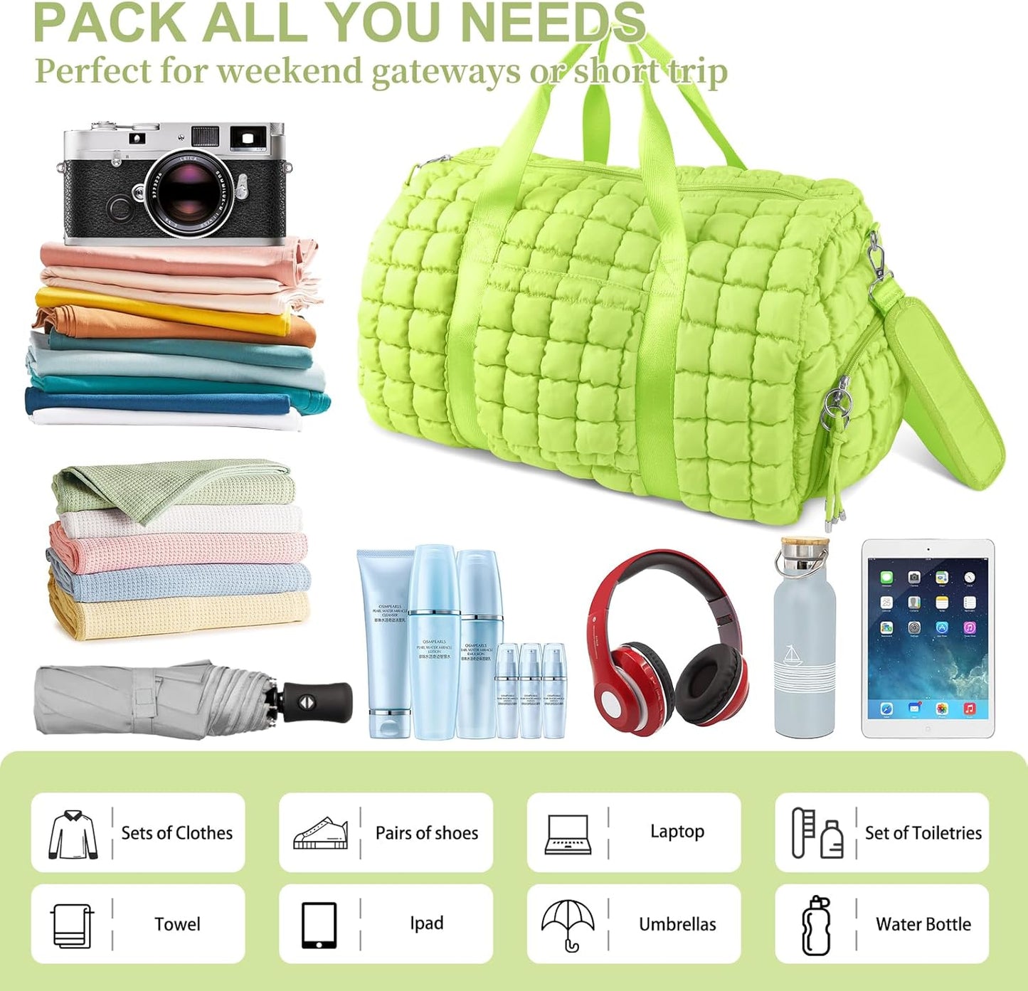 Quilted Travel Duffle Bag Gym Bag for Women,Large Puffer Duffle Weekender Bag with Compartment,Workout Overnight Carry on Organizer Bag Duffle Bag for Airplane Travel(L-Green)