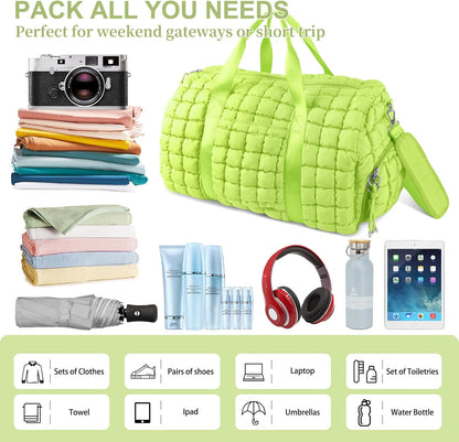 Quilted Travel Duffle Bag Gym Bag for Women,Large Puffer Duffle Weekender Bag with Compartment,Workout Overnight Carry on Organizer Bag Duffle Bag for Airplane Travel(L-Green)