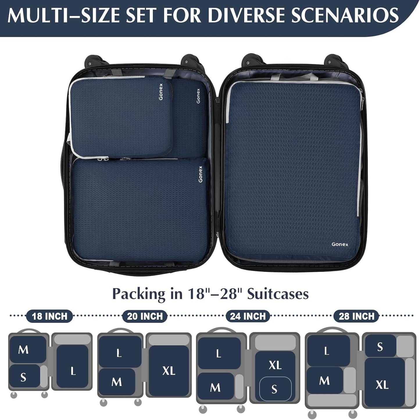 Gonex Compression Packing Cubes, 3pcs/4pcs Expandable Storage Travel Luggage Bags Organizers