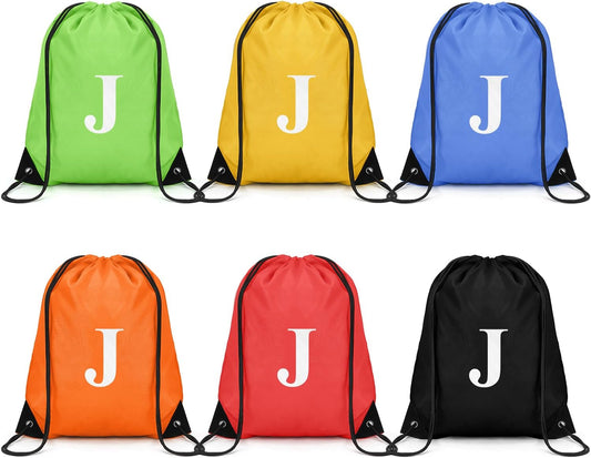 ZOMFELT 6Pcs Drawstring Backpack Drawstring Gym Bags, Foldable Draw String Backpack with Multiple Colors and Letters, Lightweight Polyester Cinch Bag for Gift, Beach, Sports, Travel, Swim (Letter J)
