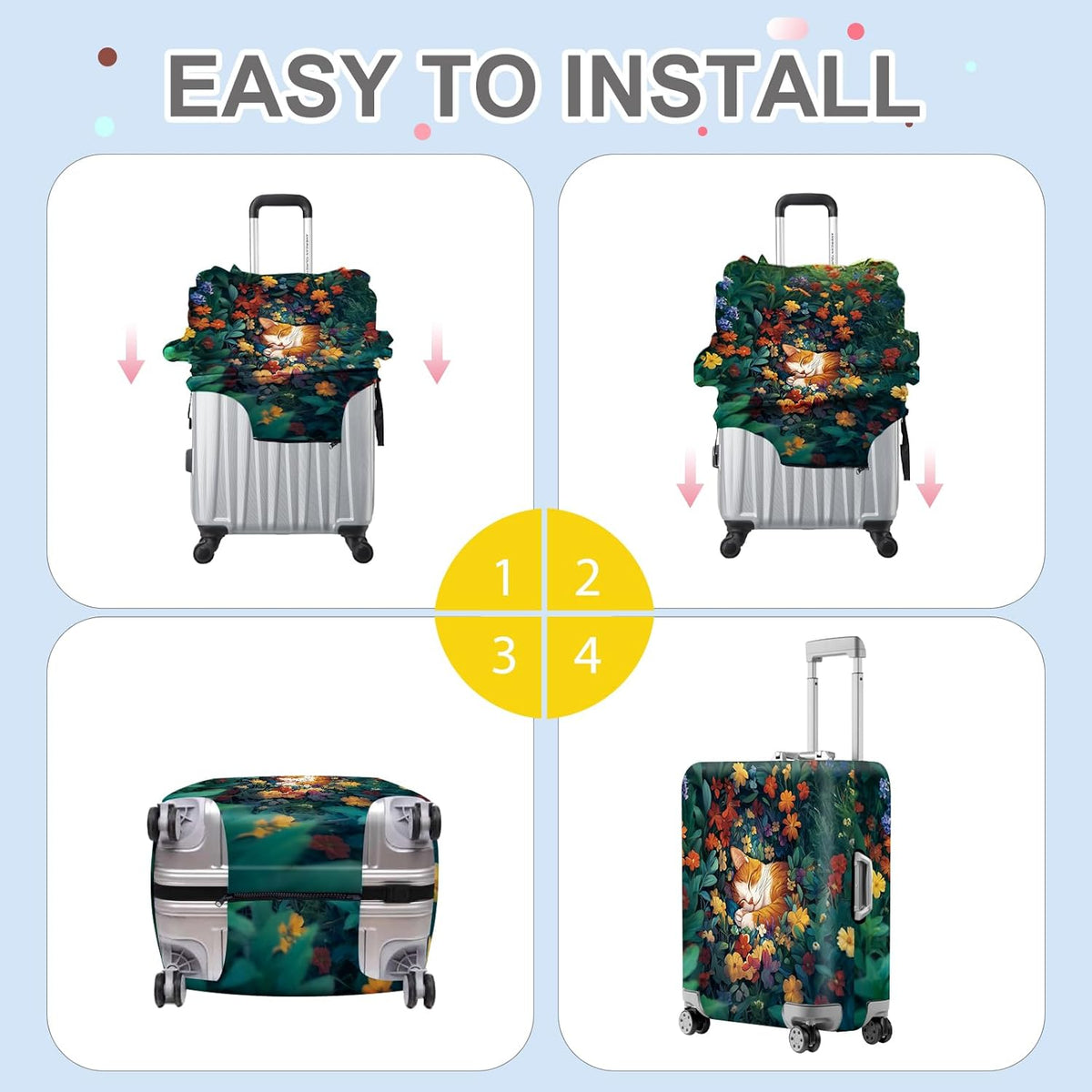 ANNA QUEEN Dreamy Cat Luggage Cover, Cat Sleeping in a Flower Field Design, Stretchable, Washable Travel Protector for 28-30 Inch Luggage