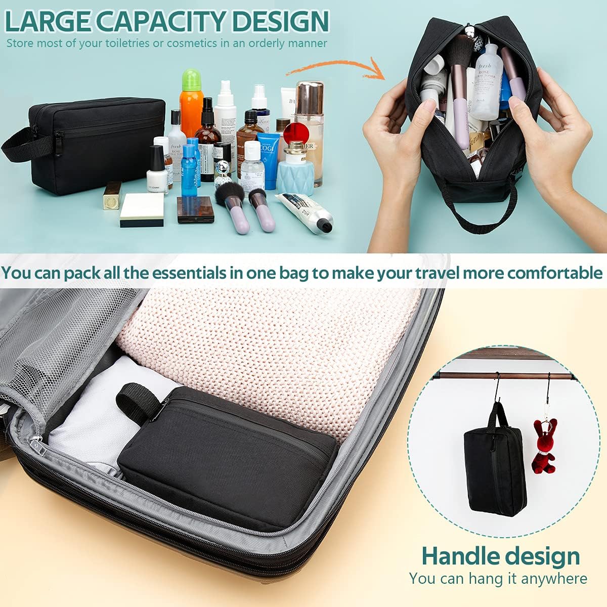 Travel Toiletry Bag for Women and Men, Water-resistant Shaving Bag for Toiletries Accessories, Foldable Storage Bags with Divider and Handle for Cosmetics Toiletries Brushes Tools