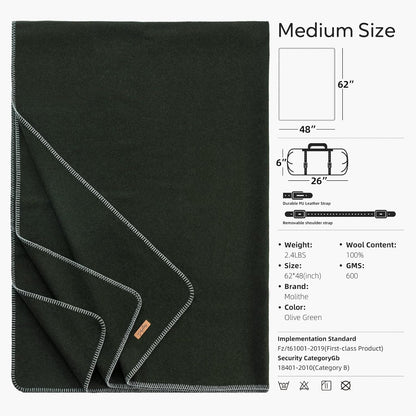 100% Wool Blanket, 48" x 62", Warm, Thick, Washable, Military Wool Blanket, Great for Camping, Outdoors, Sporting Events, Survival Kits，Olive Green