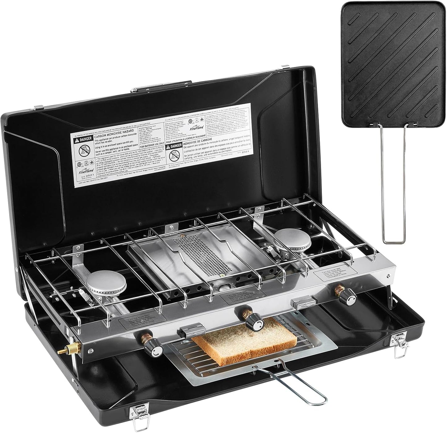 Camping Stove, 3 Burners Propane Portable Camp Stove with Regulator & Griddle, Push-Button Instant Ignition, Portable Camp Grill, Adjustable Burners for Camping Cooking (BLACK-20400 BTUs)