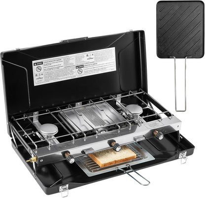 Camping Stove, 3 Burners Propane Portable Camp Stove with Regulator & Griddle, Push-Button Instant Ignition, Portable Camp Grill, Adjustable Burners for Camping Cooking (BLACK-20400 BTUs)