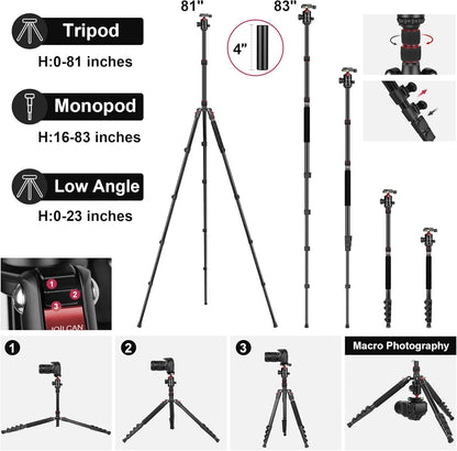 JOILCAN Tripod for Camera, 81" Aluminum Camera Tripod Monopod for DSLR, Heavy Duty Travel Tripods for Spotting Scope Binoculars Laser Level, Payload 35Lb