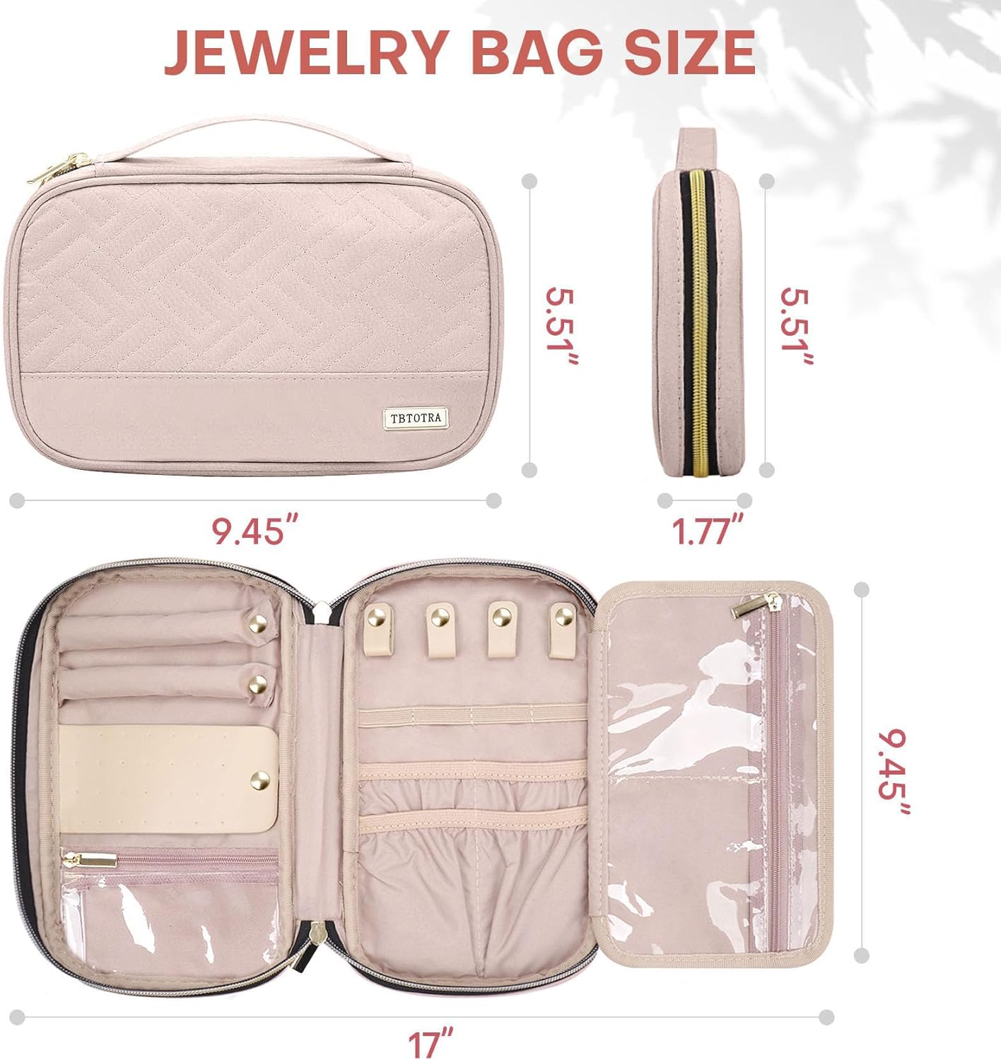 Jewelry Travel Case Organizer for Necklaces, Earrings, Rings, Bracelet, Watch, Soft Sided, Pink