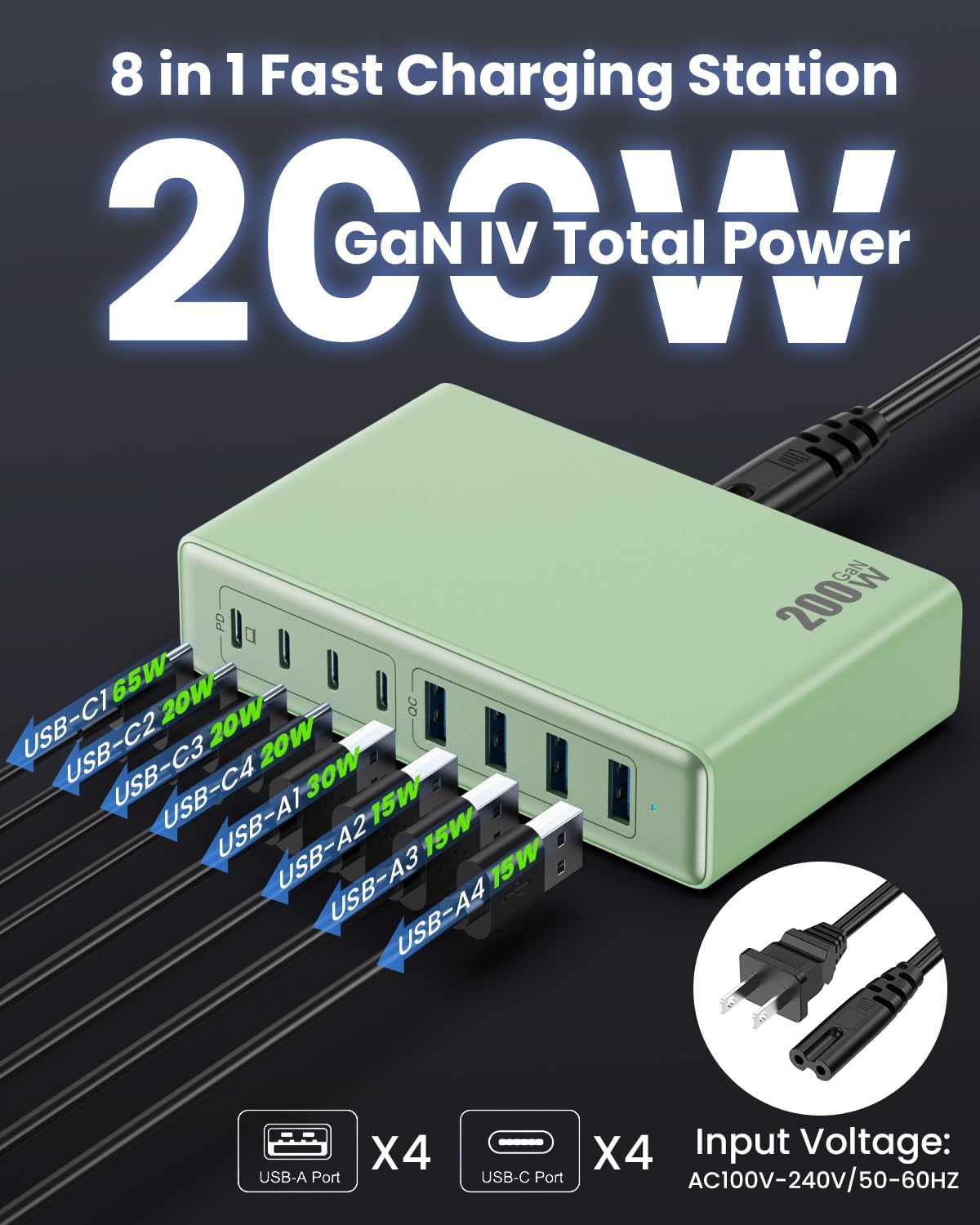 200W USB C Charger Block,GaN IV Charging Station 8 Ports,QC4.0 Fast Charging Station Hub+PD 65W USB C Laptop Charger Adapter Compatible with MacBook Air/Pro,DELL,iPhone 16/15,iPad,Steam Deck-Green