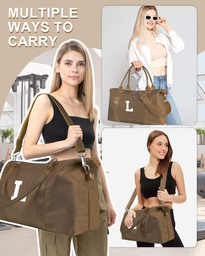 Birthday Graduation Gifts for Daughter,Initial Travel Duffel Bag Sports Gym Bag for Girls Teen Kids Birthday Gifts,Personalized Weekender Bag Carry On Tote Bags Cute Overnight Bag for Women(Brown, L)